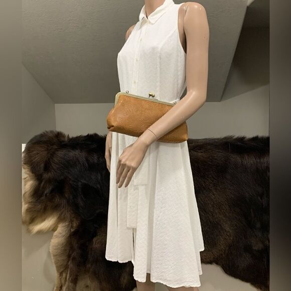 Handmade Genuine Leather Embossed Leaves Kisslock Clutch/Shoulder Bag/Crossbody - Picture 2 of 13